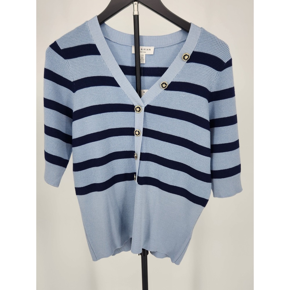 Rio & Rian New York Blue Striped Waffle Knit Cardigan Gold Crest Buttons NWT L